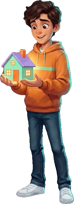 O menino segura uma casa, o primeiro imóvel do patrimônio