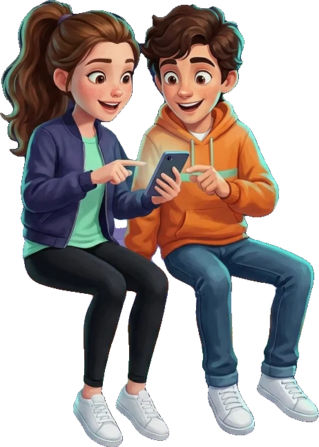 O menino e a menina, sentados, aprendendo pelo celular