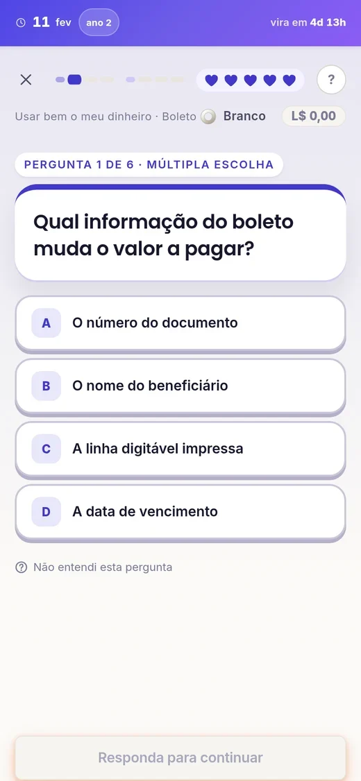 Uma pergunta de múltipla escolha sobre boleto
