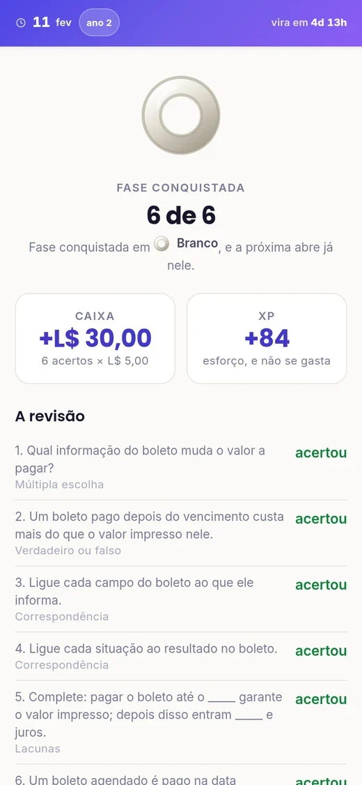 O fim da rodada, com a fase conquistada, a moeda virtual e o XP ganhos